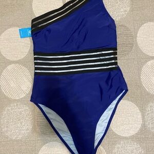Blue One-Shoulder Swimsuit with Striped Accents
